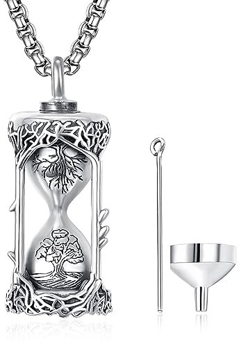 Hourglass Urn Necklace 925 Sterling Silver Tree of Life Urn Necklace Cremation Jewellery for Ashes for Men Hourglass Pendant for Ashes Memorial Gifts
