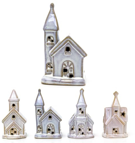 Carousel Home Ceramic LED Church | Light Up Christmas Church Ornament Festive Decoration | Christmas Village Light Up Chapel - 12cm ~ Design Varies One Supplied