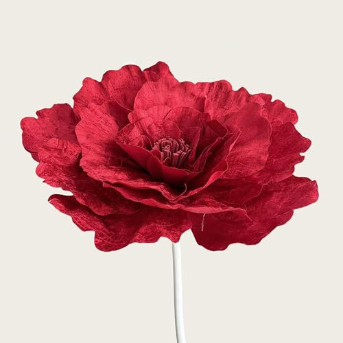Fiori di Peonia Artificiale in Velluto, Peonia Rossa Artificiale, Rose Finte con Capolino in Velluto, Set di Fiori Decorativi Grandi di Peonia Artificiale con Base a Stelo per