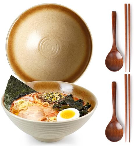 NUTRIUPS 1200ml Ceramic Ramen Bowl Set of 2 Noodle Bowls with Chopsticks and Spoons (Wheat Gold)