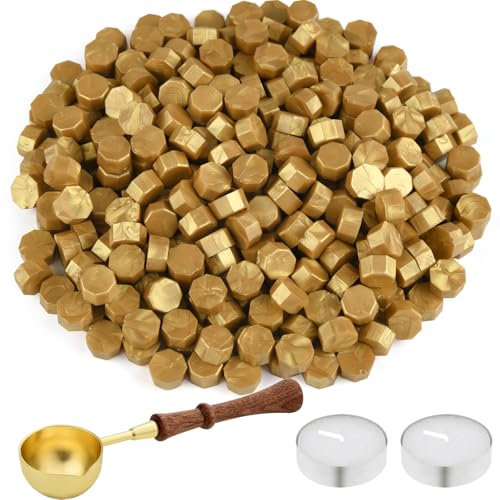 NEBURORA 200 Stück Siegelwachs perlen, Siegelwachs Gold mit Wachslöffel und 2 Teelichtern, achteckiges Wachssiegel-Set für Stempel,Einladungskarten, Umschläge, Weinverpackungen, Geschenkverpackungen