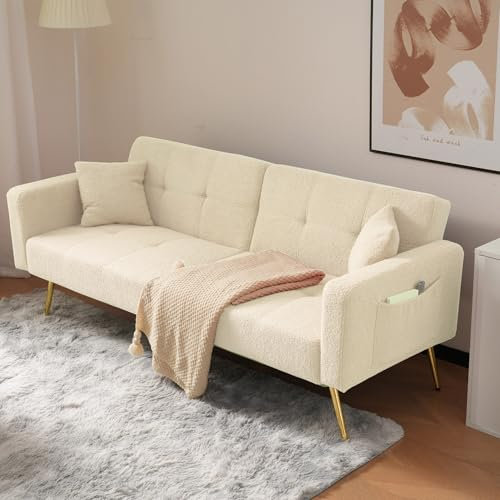 Schlafsofa mit Bettfunktion, Verstellbarem Winkel, Goldenen Beinen, Sofa 3 Sitzer mit Kissen und Seitlichen Aufbewahrungstaschen, Sofa Bed, Wohnzimmer Couch, Schlafcouch, Beige/Grau/Rosa/Weiß/Grün