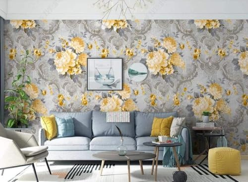 XLMING Vintage Grey Leaves Yellow Flowers 3D Wallpaper Study Dining Room Sofa Bedroom Living Room Tv Decorative Wall-350cm×256cm