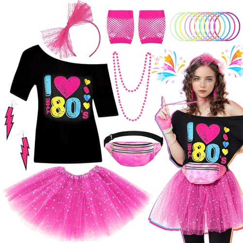 Déguisement des années 80 pour femme et fille - Ensemble d'accessoires avec t-shirt, jupe, tutu, sac, gants, bandeau, boucles d'oreilles, collier, bracelets pour femmes et filles - Thème rétro pour