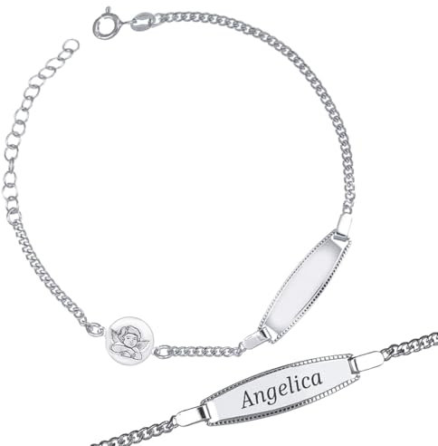 Bracelet Enfant en Argent 925 avec Ange et Plaque Personnalisable - Idée Cadeau Naissance, Baptême, Communion, 14 cm, Argent sterling, Pas de gemme