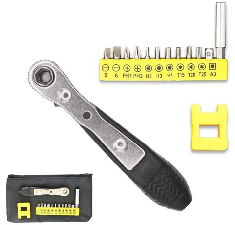 14-Piece Mini Ratchet Screwdriver Set, Right Angle Screwdriver, Mini Ratchet Wrench for Awkward Spaces, Short Offset Screwdrivers with Phillips, Flat, Torx, Hex, Square, Pozidriv
