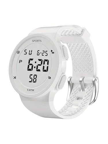 Montre de Sport Numérique, 5 ATM Étanche, Affichage LCD, Bracelet en Silicone, Disponible en Blanc, Noir, Rose (Bracelet Blanc)