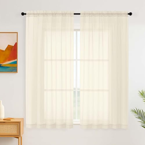Simplebrand Creme Transparente Vorhänge für das Schlafzimmer 150 x 163 cm 2 Paneele, Durchsichtige Länge Geeignet für Wohnzimmer Schlafzimmer Küche, Stangentasche, Voile-Vorhänge, Fenster