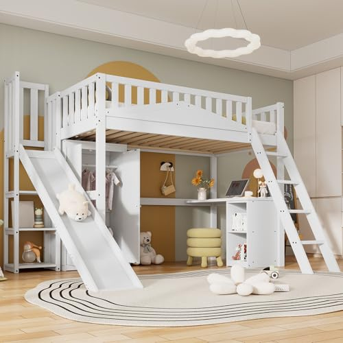 Oxtao Letto a castello 90x200 cm per bambini con scivolo scala, armadio, scrivania e mensole, in legno, con rete a doghe e protezione anticaduta, in pino, bianco