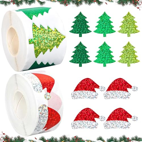 1000 Stück Aufkleber Weihnachten, Sticker Weihnachten, Glitzer Weihnachtsbaum Sticker, Glitzer Weihnachtsmützen Aufkleber, Weihnachtsaufkleber Selbstklebend, Weihnachtssticker Weihnachtsdeko Geschenk