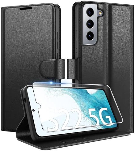 Coiwxmoi für Samsung Galaxy S22 5G Hülle Mit 1 Stück Panzer Schutz Glas, Wallet Premium PU Leder Handyhülle, Standfunktion Schutzhülle Kartenfach Stoßfeste Klapphülle Flip Case Cover Schwarz