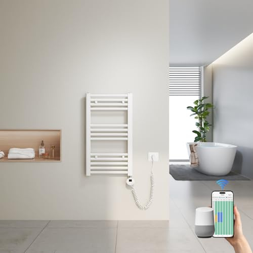 Heilmetz Sèche-Serviettes Électrique Intelligent 70x40cm avec WiFi, Thermostat Connecté et App, Radiateur Salle de Bain Blanc 300W, Contrôle par Tuya/Assistants Vocaux, 4 Modes