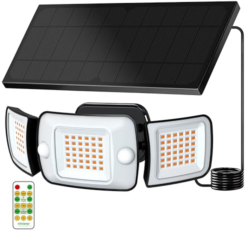 INTELAMP Solar Strahler mit Bewegungsmelder mit Fernbedienung, 6000mAh 1200LM Hohe Helligkeit solarleuchte,4 Modi 270°Weitwinkel Solarleuchten Warmweiß 3000K Solarlampen für Hof, Stufen