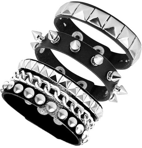 CERCTLA 3 Stück Punk Besetztes Armband, Nieten Armband Leder Schwarz Gothic, Nietenarmband Punk Rock für Männer Frauen Cosplay Party Halloween Weihnachten Kostümparty Konzert