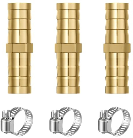 3 Pcs 3/8 Air Hose Repair Kit, Soaker Hose Repair Kit Brass Barb Splicer Mender Fitting with 3 Pcs Stainless Steel Pipe Clamps, 10mm Watertight Straight Barb Connector for Water Fuel Air