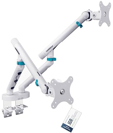 DIGITUS Monitor Halterung 2 Monitore – bis 35 Zoll – mechanische Feder | 10 kg Traglast je Arm – für Flach- und Curved-Bildschirme – VESA 75, 100 – Tischklemme – Weiß