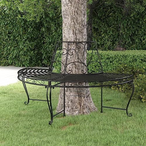 Mokuyary Baumbank Halbrund Ø160 cm Schwarz Stahl Sitzbank Parkbank, Balkonbank Outdoor Bank für Garten Terrasse Balkon