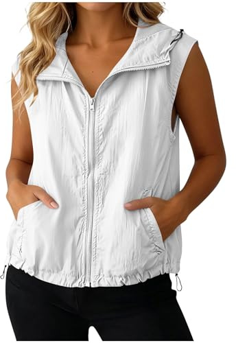 Generisch Weste Damen Sommer Jacke Leicht Sommerweste Ärmellose Sommerjacke mit Kapuze Damenwesten Stehkragen Sportweste Outdoor Sportjacke Dünne Kapuzenjacke