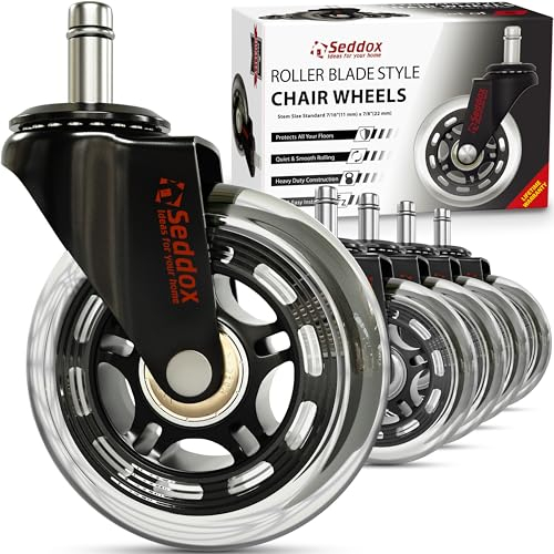 Office Chair Wheels Replacement Set of 5 - Desk Chair Casters for Hardwood & Carpet - Heavy Duty & Safe for All Floors w/o Chair Mats - Fits 98% of Computer Gaming & Office Chairs - 3 Inch