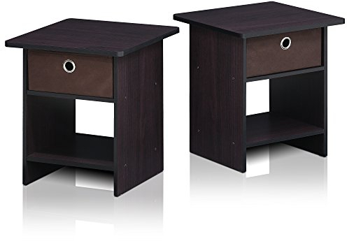 Furinno Dario Beistelltisch / Nachttisch Aufbewahrungsregal mit Schublade, Dunkle Walnuss, 39.4 x 39.4 x 45.2 cm, 2er Set