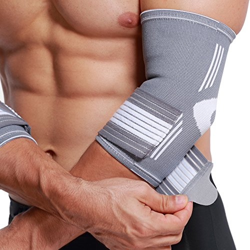 NEOtech Care Ellenbogenmanschette - elastischer & atmungsaktiver Stoff - verstellbarer Kompressionsriemen - für Männer & Frauen - rechte oder linke Seite (Grau, 1 Paar, Größe M)