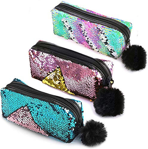 ANDERK 3 Pack Glitzer Kosmetiktasche Spirale wendbar Pailletten tragbar Studenten Federmäppchen für Mädchen Frauen Reißverschluss Portemonnaie Make Up Tasche
