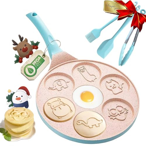 DAYOOH Pan Cake Maker Pan, Pancake Egg Pan, Omelette Pancake Pan Nonstick, 7-Cup Pancake Molds for Kids Animal Pancakes Maker with Silicone Spatula, Tongs, Oil Brush