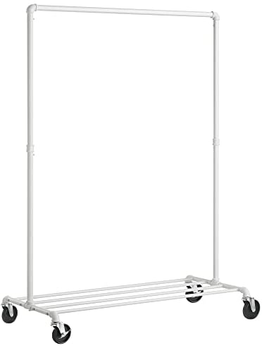 SONGMICS Kleiderständer, Kleiderstange, mit Rollen, bis 90 kg belastbar, Garderobenständer mit 1 Kleiderstange und Ablage, Industrie-Design, für Schlafzimmer, Waschküche, weiß HSR061W01
