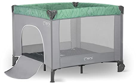 MoMi Laufstall MAMU | 100 x 100 x 78cm | Für Kinder bis 15 kg | 2 Räder zum Bewegen | Luftiges Netz | Transporttasche | Jade