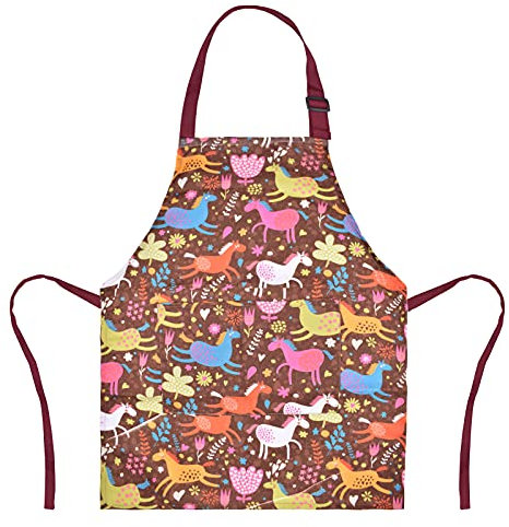 XonyiCos Kinder Jungen Dinosaurier Schürze mit Taschen, Mädchen Schürzen zum Kochen, Malen, Küchenchef Schürze für Kinder 3-12 Jahre (Braun & Pferd, Groß (6-12 Jahre))