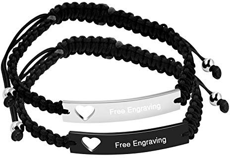 Uloveido Juego de pulseras de acero de titanio para parejas con grabado personalizado de cuerda trenzada para él y ella, Acero inoxidable de titanio y cuerda, Circonita cúbica