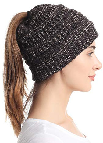sy soul young Pferdeschwanz Messy Bun Beanie Tail Knit Hole Strickmütze Weiche Brötchen Winter mütze mit zopfloch für Damen(Einheitsgröße,3-Ton-Grau)