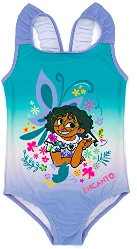 Disney Encanto Swimsuit for Girls | Purple & Blue All in One Floral Swimming Costume for Kids | Mirabel Flower Magic Frilly Straps Swimwear Bodysuit | Cute Beachwear Merchandise Gift for Children