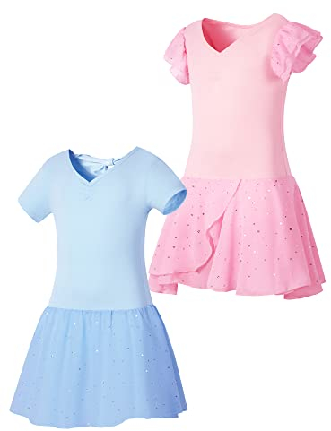 SOIBEEN Ballett Trikot für Mädchen Tanzbekleidung mit Rock Ballerina Ballett Kleid Tanz Outfit 2-Pack Flutter Ärmel Kurzarm 11-12 Jahre Hellblau