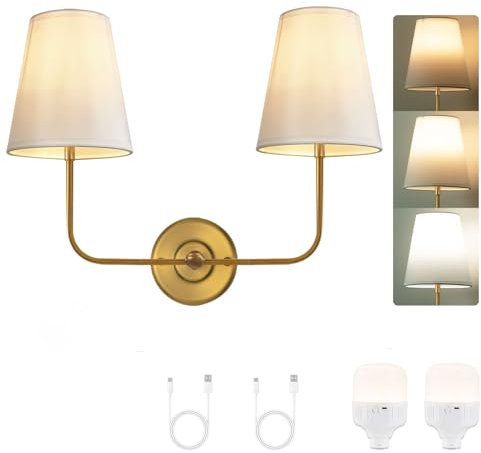 PASSICA DECOR Double Head Wall Light with Remote ,Wireless Rechargeable Battery Operated Sconce, 5200mAh, 12 RGB Colours & 3 Modes, Cordless Lamp for Bedroom Living Room, Fabric Shades, Antique Brass