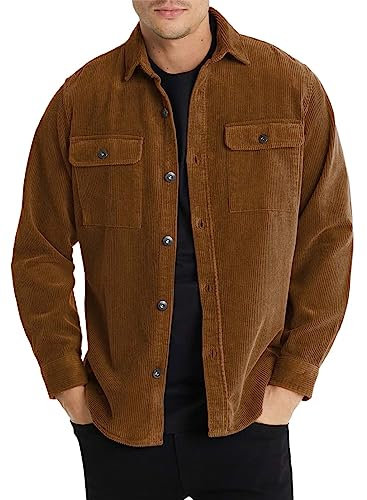 Elegancity Men's Corduroy Shirts Casual Long Sleeve Button Down Trucker Jacket Autumn Winter Coats with Pockets (Brown, X-Large)