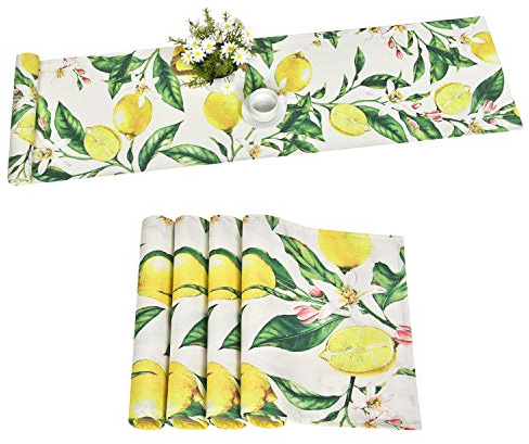 Alishomtll Zitrone Frühling Tischläufer und Tischsets Set, Gelb Grün Zitrone Baum abwaschbar Tischläufer 1pc 180x35cm, Blumen Blätter Anti Rutsch Platzsets 4pcs 45x30cm für Esszimmer Party Bankett