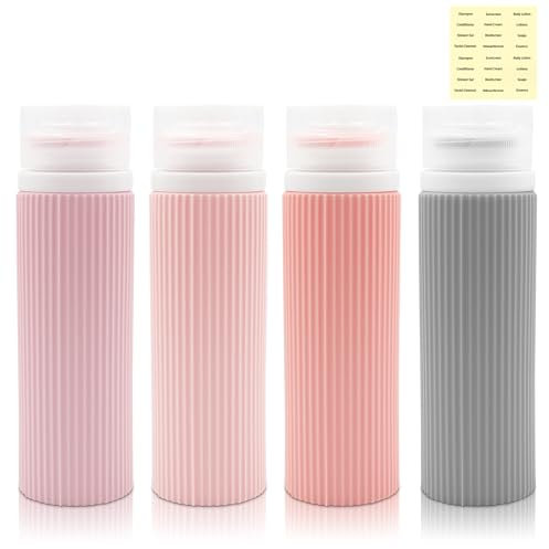 Reiseflaschen-4 Stück 100ml Reiseflaschen Set-mit Etiketten Reisezubehör-Silikon Flaschen Reise-Camping Silikon Reiseflasche- für Shampoo Sonnenschutzmittel Körperlotionen Conditioner Lotion (Rosa)
