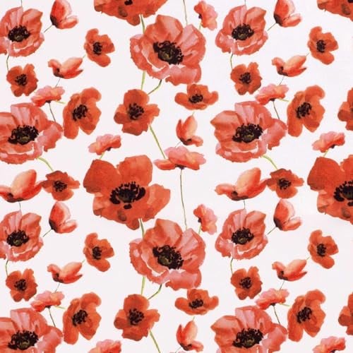 Popeline Baumwollstoff Blumen Zuschnitt ab 1m Meterware Oeko-Tex 100 Sommerstoff, Motiv:Mohnblume