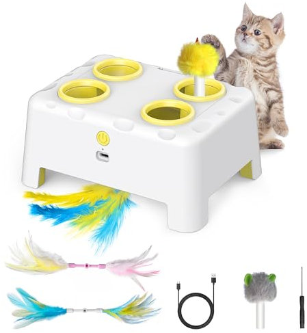 Bolpetizo Interactive Cat Toys, 2-in-1 Automatic Cat Toy, 4 Holes Mice Whack A Mole Cat Mouse Toy with Moving Feather, Portable USB Rechargeable Electronic Kitten Toys (White &Yellow)