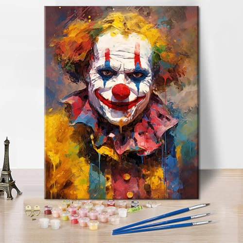 TISHIRON Paint by Numbers Kit for Adults Evil Clown DIY Paint by Numbers for Adults Theme of Fear Psychological Oil Painting with Brushes Adult Paint by Number Kits Art Crafts 16x20 in
