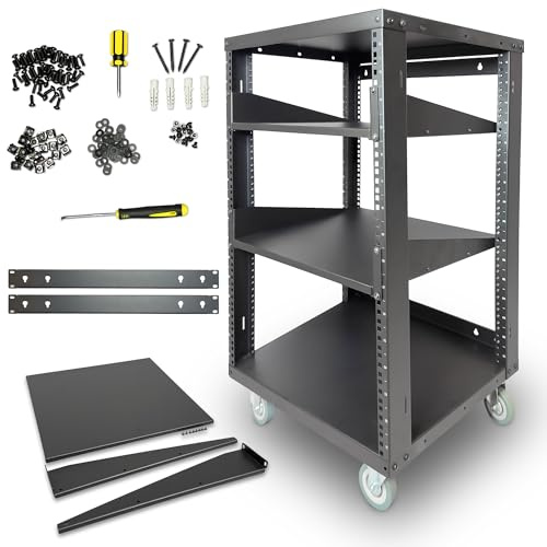 AxcessAbles 16U Netzwerk- und AV-Rack mit Rollen, zwei 2U-Regalen, 10–32 & Käfigmuttern, kompatible Schienen, Käfigmuttern, Schrauben, Käfigmutter-Werkzeug und Wandmontage-Set, 48,3 cm (19 Zoll