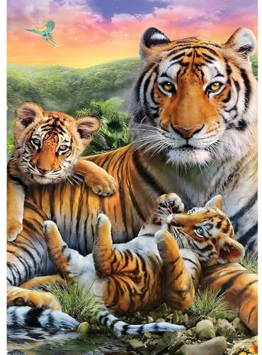 MEIYUDA 5D Diamond Painting Bilder Erwachsene Kinder Tiger Familie, Diamant Painting Bilder Diy Set Bild, Malerei Kristall Diamond Painting Set Erwachsene für Home Wand Décor 30x40cm