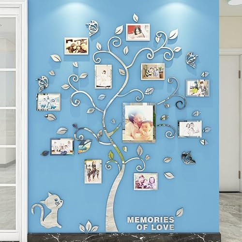 Purekay Grande 3D Albero Adesivo da Parete, DIY Cornici per Foto Adesivi Muro Murali Wall Stickers per Camera da Letto Soggiorno Ufficio Divano TV Decorazione Cucina (Argento Specchio, L)