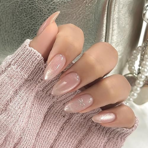 24pcs Almond False Nails - French Tips Stick on Nails - Glitter Almond Cat Eye Pink Bow Press on Nails with Glue - Removable Glue-on Nail Women Brides Nail Art Accessories
