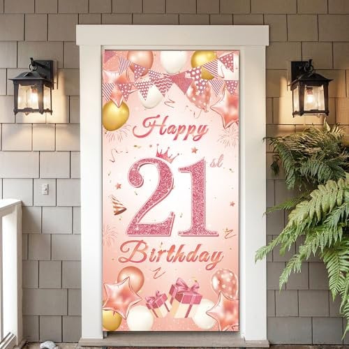 21st Birthday Decorations Door Banner - Rose Gold Happy 21st Birthday Backdrop Banners Large Size Door Porch Sign Background 185x90cm for Women 21 Years Old Party Supplies