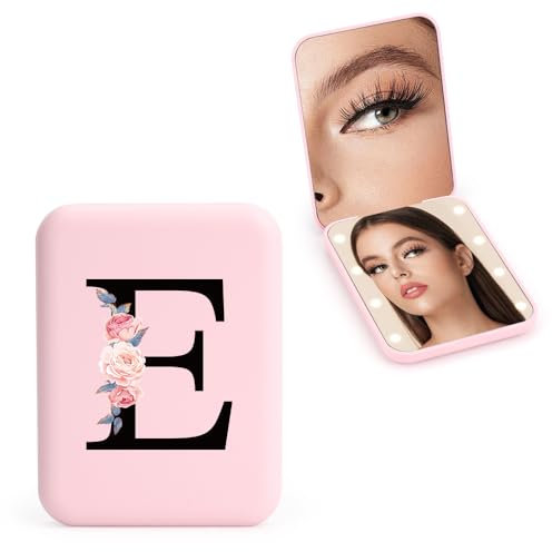FIDWALL Personalisierter 1X/3X Reisespiegel mit Lichtern, LED Kompaktspiegel, Mini Schminkspiegel, Faltbarer Tragbarer Handspiegel, Initialen Taschenspiegel, Mädchen Freundin Lehrerin (E)
