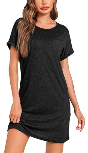 Leversic Womens Nightdress Rolled Short Sleeve Nighties Crew Neck Jersey Nightshirts T-Shirt Dress Soft Loungewear(Black,3XL)