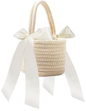 Baumwolle Blumenmädchen Korb für Hochzeit, Hochzeit Blumenkorb Hochzeit mit Henkel und Bänder für Blütenblätter(Khaki)