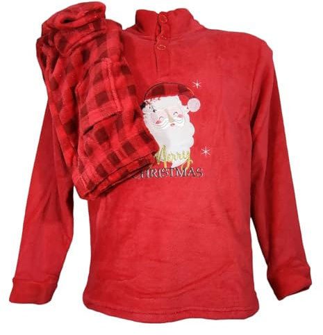 dolcecasabiancheria Pigiama Uomo Natalizio in Pile Coral Tartan Family Babbo Natale Tartan Scozzese XXL Rosso